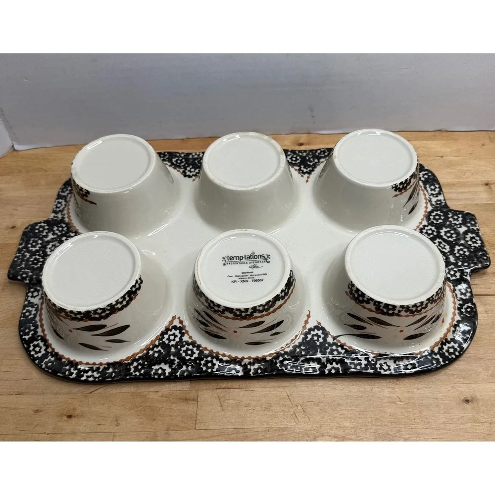 Temp-tations by Tara Old World Black Cream 6 Cup Ceramic Muffin Pan W/ Wire Rack